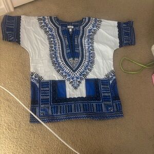 Blue and White ethnic pattern men’s short sleeve shirt